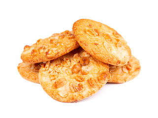 Cookies with peanuts isolated on white background. Cookies with with nuts and caramel. Sweet biscuits. Homemade pastry.