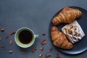 Croissants and cup of coffee. Coffee mood. Coffee composition 
