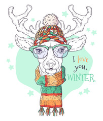 Hand drawn portrait of deer in Christmas accessories Vector.