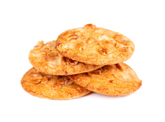 Cookies with peanuts isolated on white background. Cookies with with nuts and caramel. Sweet biscuits. Homemade pastry.