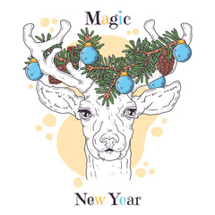 Hand drawn portrait of deer in Christmas accessories Vector.