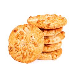 Cookies with peanuts isolated on white background. Cookies with with nuts and caramel. Sweet biscuits. Homemade pastry.