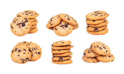 Set of chocolate chip cookie isolated on white background. Cookies with chocolate drops. Sweet biscuits. Homemade pastry.
