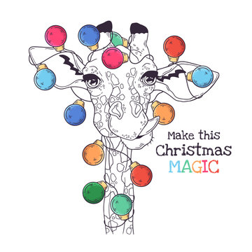 Hand drawn portrait of animal in Christmas accessories Vector.