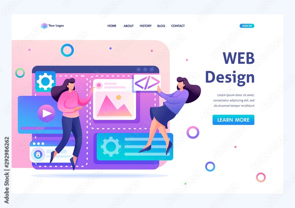 Poster Team of specialists is working on the creation of web design. Concept of teamwork. Flat 2D character. Landing page concepts and web design