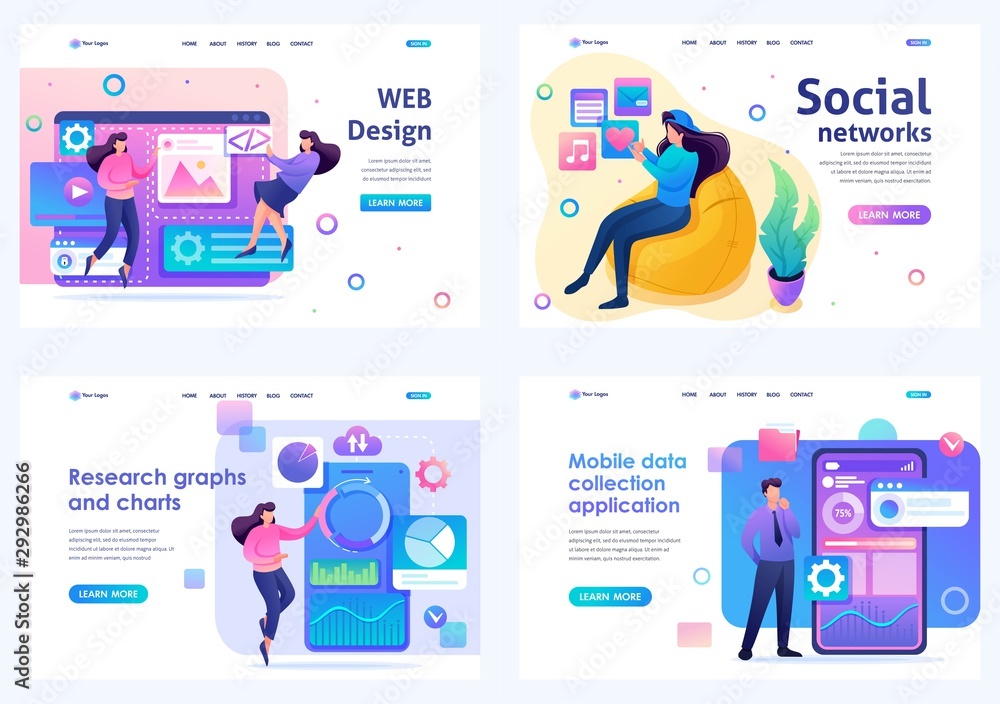 Poster set flat 2d concepts concepts web design, social networks, data analysis, mobile collection. for lan