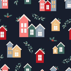 Seamless pattern with hand drawn cute house, floral branches, mistletoe, florals in modern scandinavian style. Repeating background for wrapping paper, fabric, stationary products decoration.