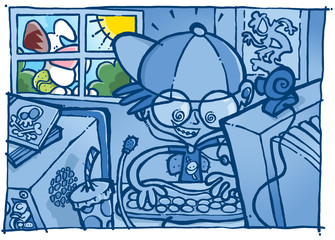 Criança, em idade escolar, passando suas férias dentro do quarto, jogando videogame, enquanto seu cachorro o observa da janela, em um dia de sol