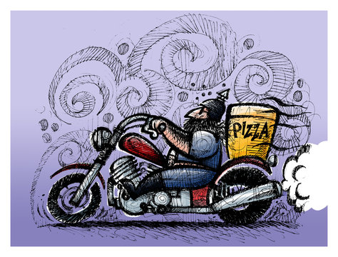 Motoqueiro heavy metal entregando pizza