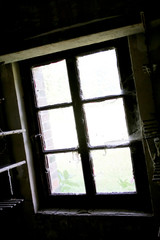 Beautiful wooden frame window in old building without people