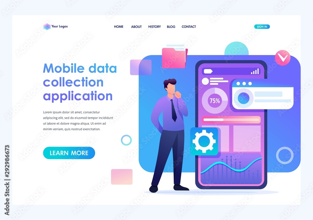 Poster young man is developing a mobile application for data collection. flat 2d character. landing page co