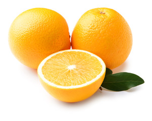 Ripe oranges on white background