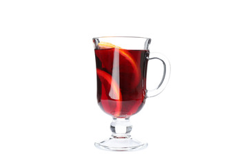 Glass of tasty mulled wine isolated on white background