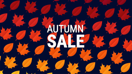 Background with autumn leaves and text. Template for autumn sale with a pattern of yellow, orange and red gradient leaves.