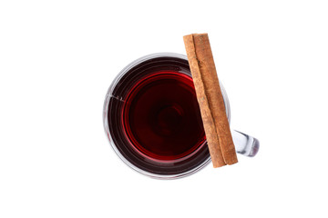 Glass of tasty mulled wine isolated on white background, top view