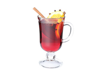 Glass of tasty mulled wine with lemon isolated on white background