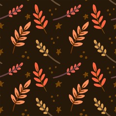 Vector flat autumn seamless pattern illustration ears of wheat on dark brown background. Hand drawn textile print, wrapping paper, wall art design, wallpaper