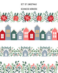 Collection of seamless christmas decorative borders for winter holidays decoration, floral repeated frame for cards, stationery, invitations, banners ,design in modern handdrawn scandinavian style - obrazy, fototapety, plakaty