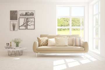 Stylish room in white color with sofa and summer landscape in window. Scandinavian interior design. 3D illustration