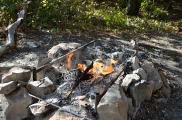 Roasted sausages on a stick over the open campfire. Outdoor food preparation.