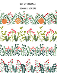 Collection of seamless christmas decorative borders for winter holidays decoration, floral repeated frame for cards, stationery, invitations, banners ,design in modern handdrawn scandinavian style