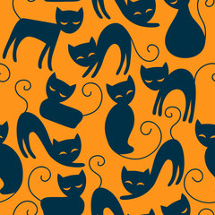 Halloween seamless pattern with black cats