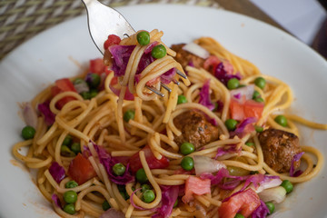 Homemade pasta a la Bolognesa.