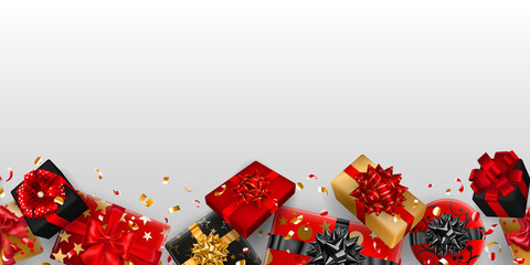Vector illustration of repeating red, black and golden gift boxes with ribbons, bows and shadows, and small shiny pieces of serpentine on white background