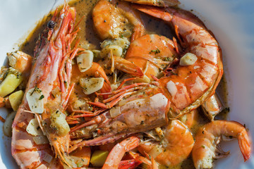 Fried big tiger red prawns or shrimps closeup.