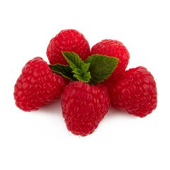 Isolated berries. Composition of red raspberries. Isolated on white background with green leaves