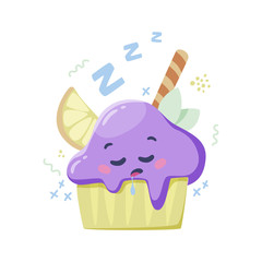 Sleeping cupcake with lemon and mint. Cute emoticon. Vector illustration on the white background