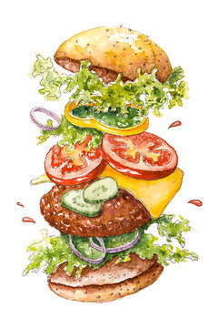 Watercolor flying burger. Beef hamburger with steak, cheese, bacon, salad and vegetables. Hand drawn fast food. Bright watercolor stains. Paint  texture