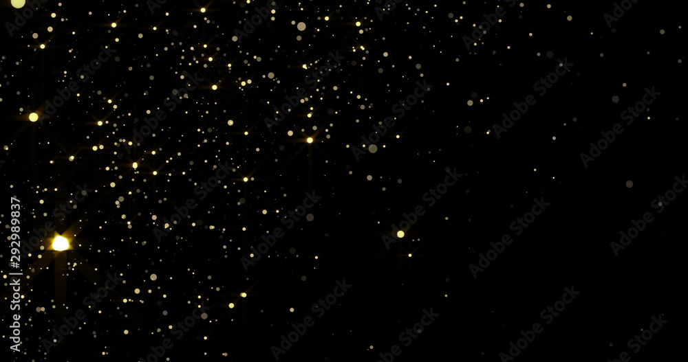Poster golden glitter rain and gold particles splash. golden sparks shimmer glow flow with bokeh light on l