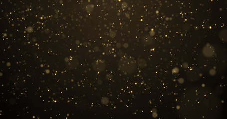 Golden glitter rain, gold particles glow with falling snow bokeh light effect. Golden sparks...