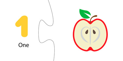 Number 1. One apple. Score for preschoolers. Math puzzle game for children. English account training. Collection