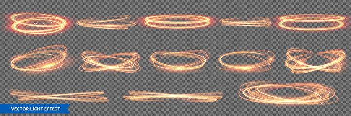 Fire light circles and ring trails, vector sparkling gold glitter glow flare effect. Abstract fire circles, sparkling magic swirls and energy light spiral spin twirls - obrazy, fototapety, plakaty