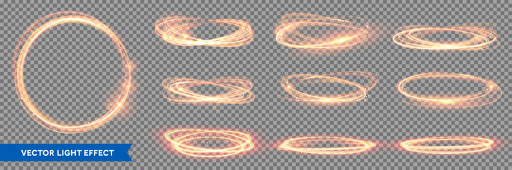 Fire light circles trails of sparkling gold glitter, vector glow flare swirls on transparent background. Abstract vector fire circles, sparkling swirls and energy light spiral frames