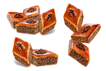 walnut baklava on a white isolated background