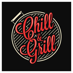 Chill and grill lettering. BBQ grill logo on black - 292990482