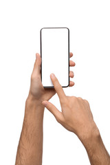 Hands using smartphone with blank screen on white background