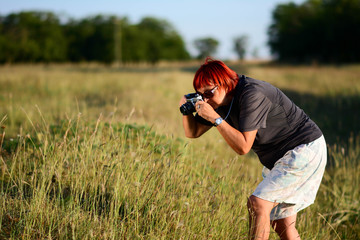 Mature woman shooting with a digital camera outdoor. Female photographer taking a photo in the field in late summer.