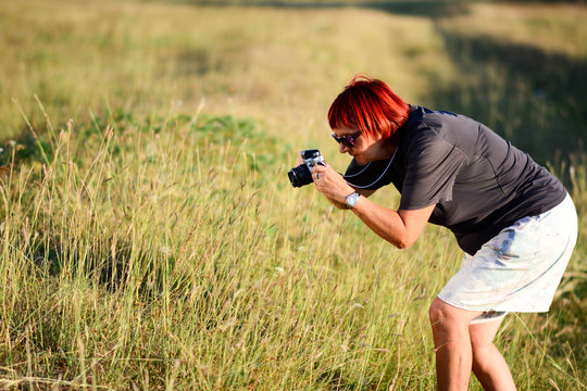 Mature Female Photographer Taking A Photograph Outdoor With A Dslr Digital Camera. Senior Woman Photographing With Her Camera Outdoor, Summer, Yellow And Green Grass In Background.