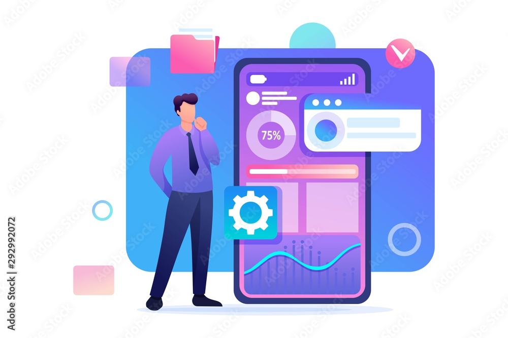 Poster young man is developing a mobile application for data collection. flat 2d character. concept for web