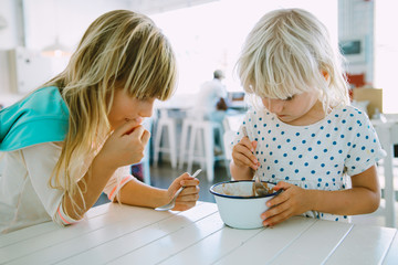 Two girls sisters eating ice cream brom one bowl in a cafe indoors