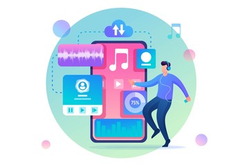 Young man dancing to the music playing on his phone. Listening to music on social networks. Flat 2D character. Concept for web design