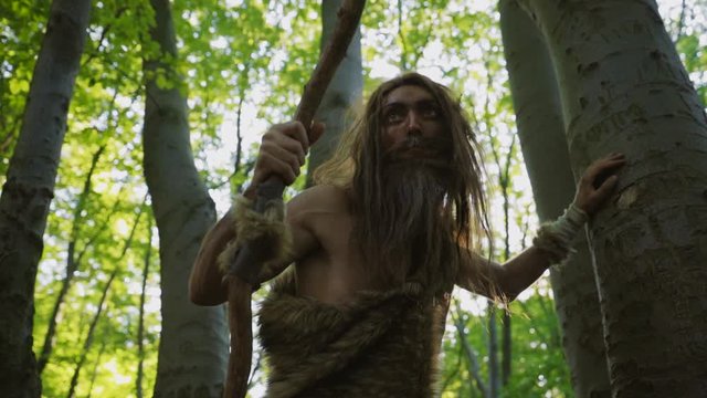 Primitive wild warrior covered in animal fur holding survival spear staying in prehistoric green jungle forest. Archaic human. Homo sapiens.