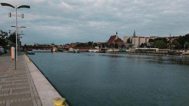 Left bank of the Oder river in Szczecin with the maritime museum and the Chrobry embankment, Szczecin, Poland.