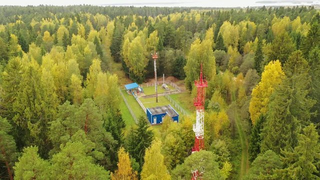 Gas substation in aerial forest. Gas in the forest aerial.
