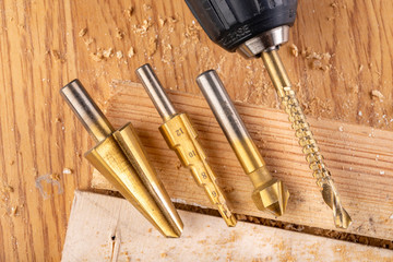 Taper drill and countersink for workshop salts. Accessories and tools in the workshop.