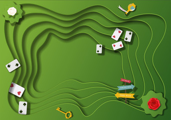 Wonderland fantastic landscape with white and red roses, card, key, poison in rabbit hole. Vector illustration, cut paper background